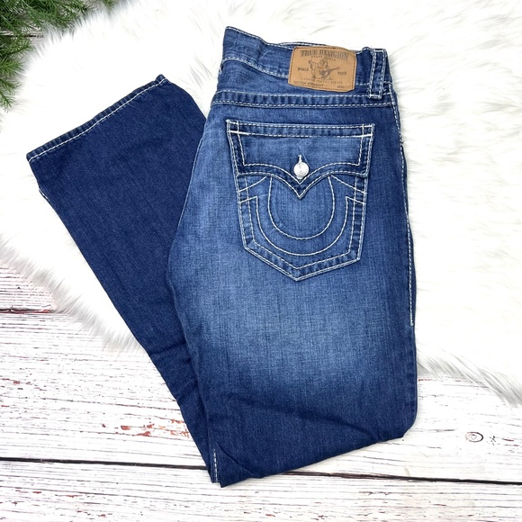 🚫SOLD! 👖|•TRUE RELIGION•| Straight Flap Natural Big T Jeans 38x33👖 - Picture 7 of 14